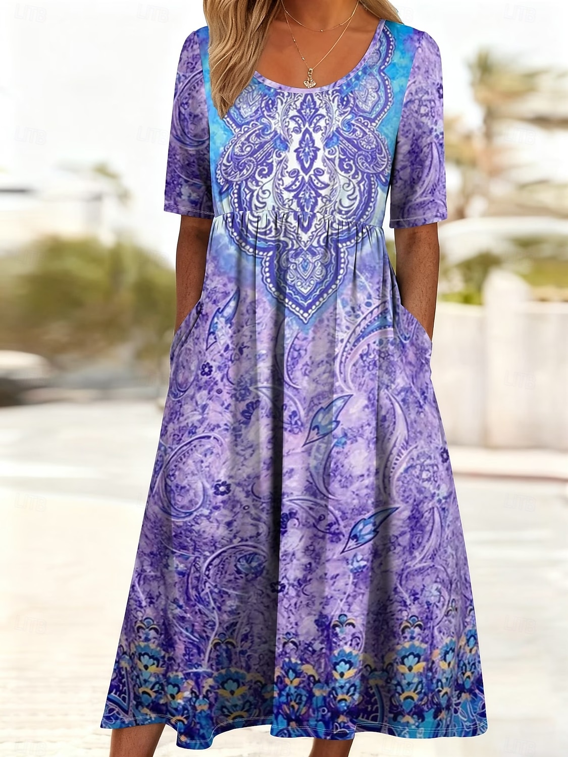Women's Midi Dress Shift Dress Vacation Casual Boho Daily Summer Dress Spring Dress Regular Fit Floral Graphic Paisley Short Sleeve Crew Neck Blue Purple Green Summer Spring Fall Winter 2026 - $29.99 –P1