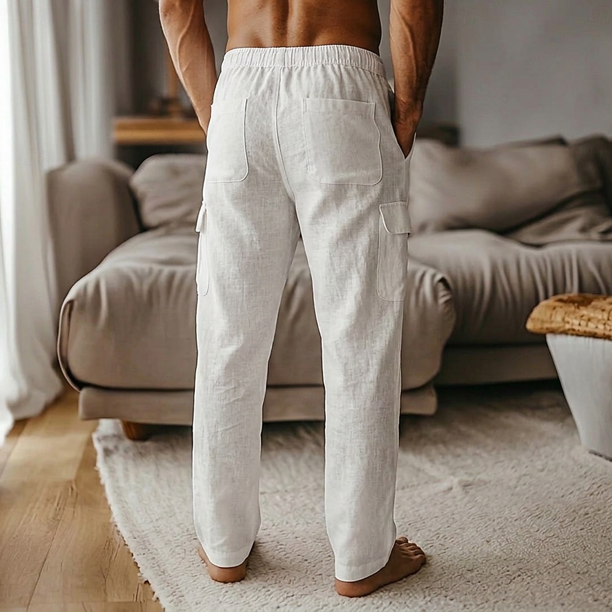 Men's Linen Pants Trousers Summer Pants Baggy Pants Drawstring Elastic Waist Straight Leg Plain Comfort Breathable Knee Length Casual Daily Holiday Fashion Classic Style Black White Inelastic 2026 - $31.99 –P2
