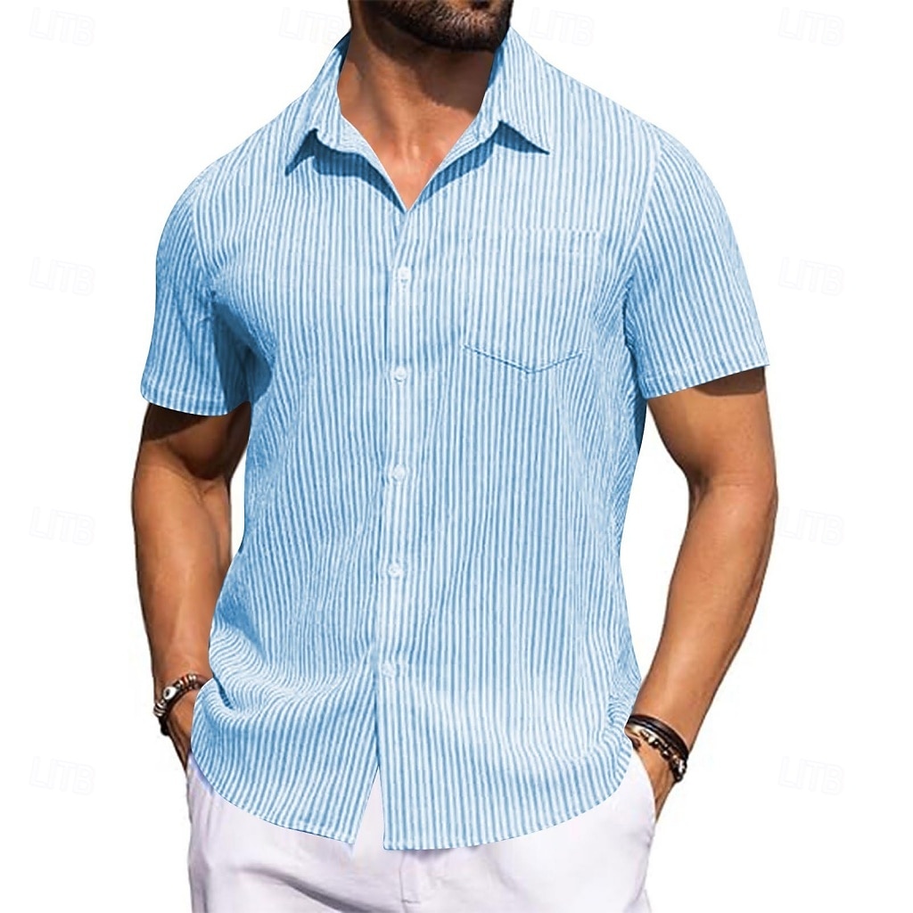Men's Shirt Ribbed Knitted Casual Shirt Button Up Shirt Pink Navy Blue Green Light Blue Short Sleeve Vertical Stripes Shirt Collar Casual Daily Front Pocket Clothing Apparel Elegant Fashion Casual 2026 - $20.99 –P1