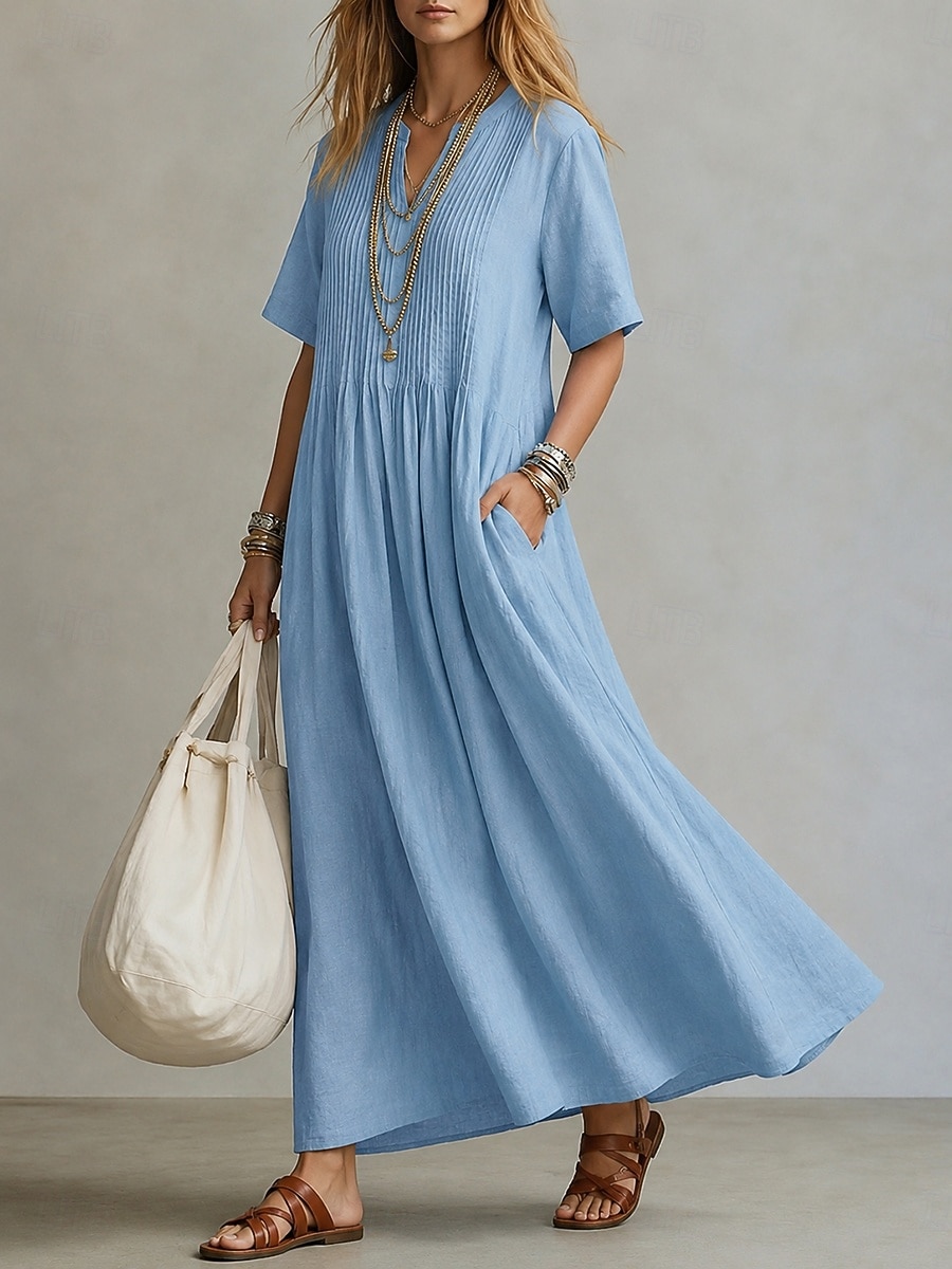 abito lungo da donna elegante stile bohémien boho con pieghe, scollo a V, maniche corte, vestibilità ampia, tinta unita, blu chiaro, azzurro, giallo, verde chiaro, estate primavera del 2026 a $15.49 –P9