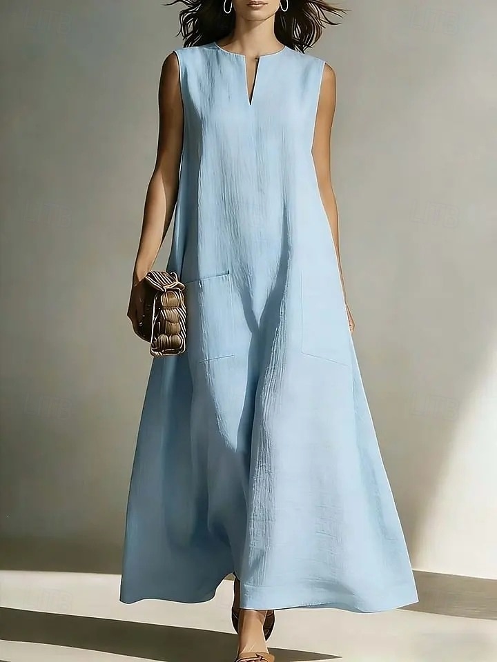 Women's  Vintage Boho Faux Cotton LinenBeach Loose Fit Plain Sleeveless Split Neck Maxi Dress Summer Spring 2026 - $25.99 –P1
