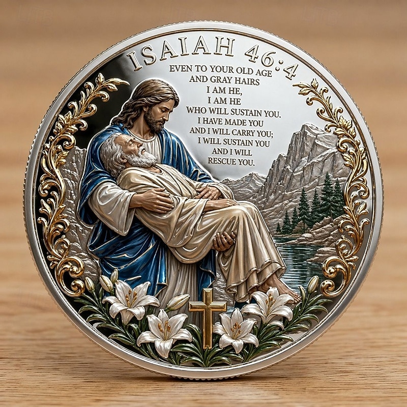 Pièce commémorative biblique, inspirée d'Isaïe 46:4, représentant un agneau. Jeton religieux inspirant, idéal pour la prière, le baptême, l'église ou comme souvenir chrétien. de 2026 ? $16.99 –P3