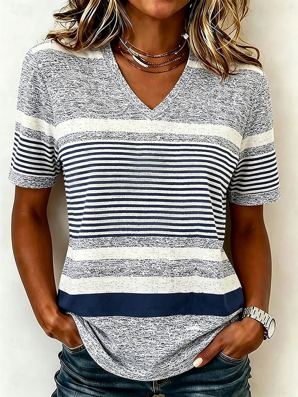 Women's T Shirt Print Striped Stylish Casual Short Sleeve V Neck Long Tops Daily Brown And White Black and White Dusty Rose Gray Summer Spring Fall Winter 2026 - $21.99 –P3