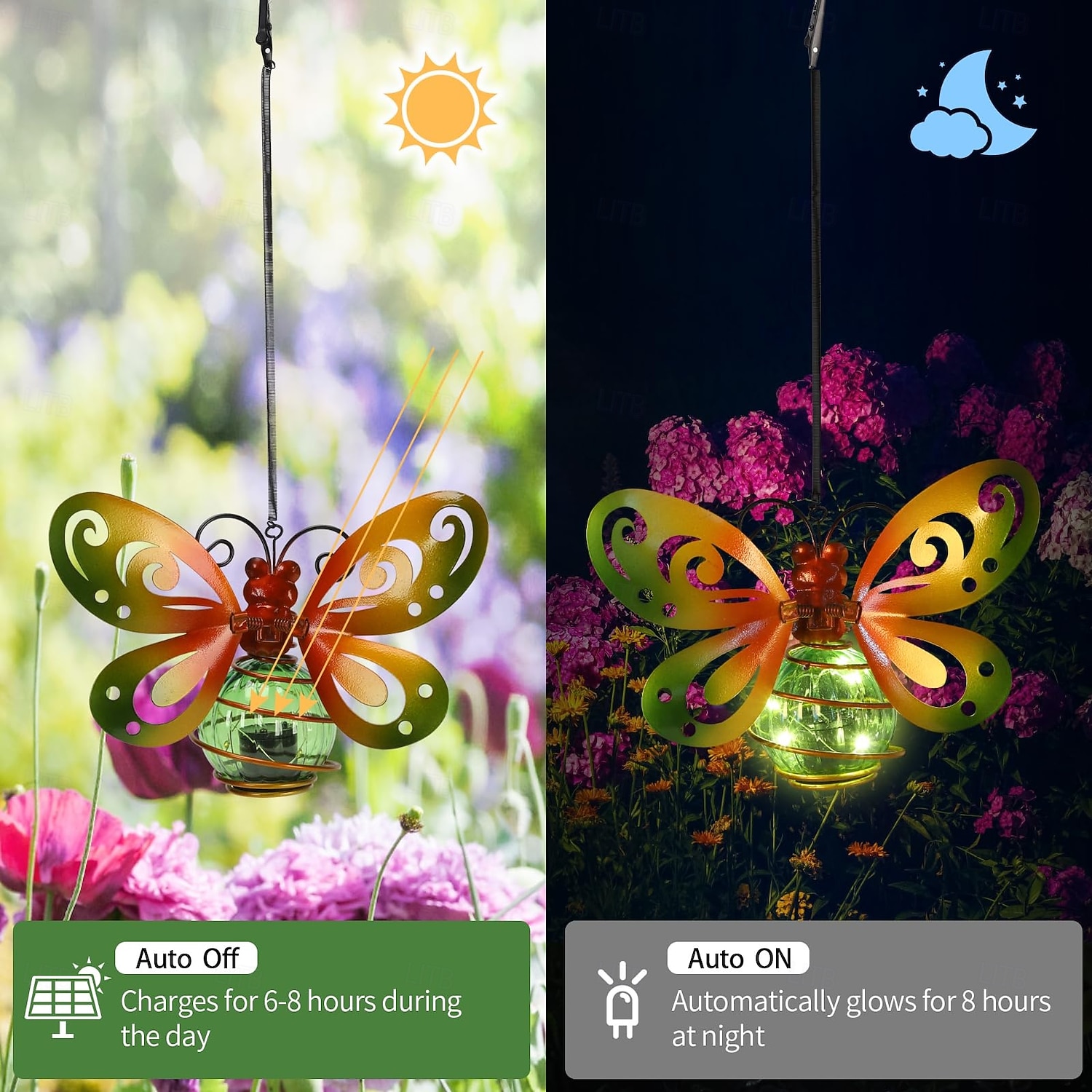 Set van 2 hangende lantaarns op zonne-energie met vlindermotief, waterdichte metalen tuindecoratie met lichtslingers. &Lente vleugels, groene vlinder solar lantaarns voor terras, tuin, veranda, 2026 - $25.99 –P3