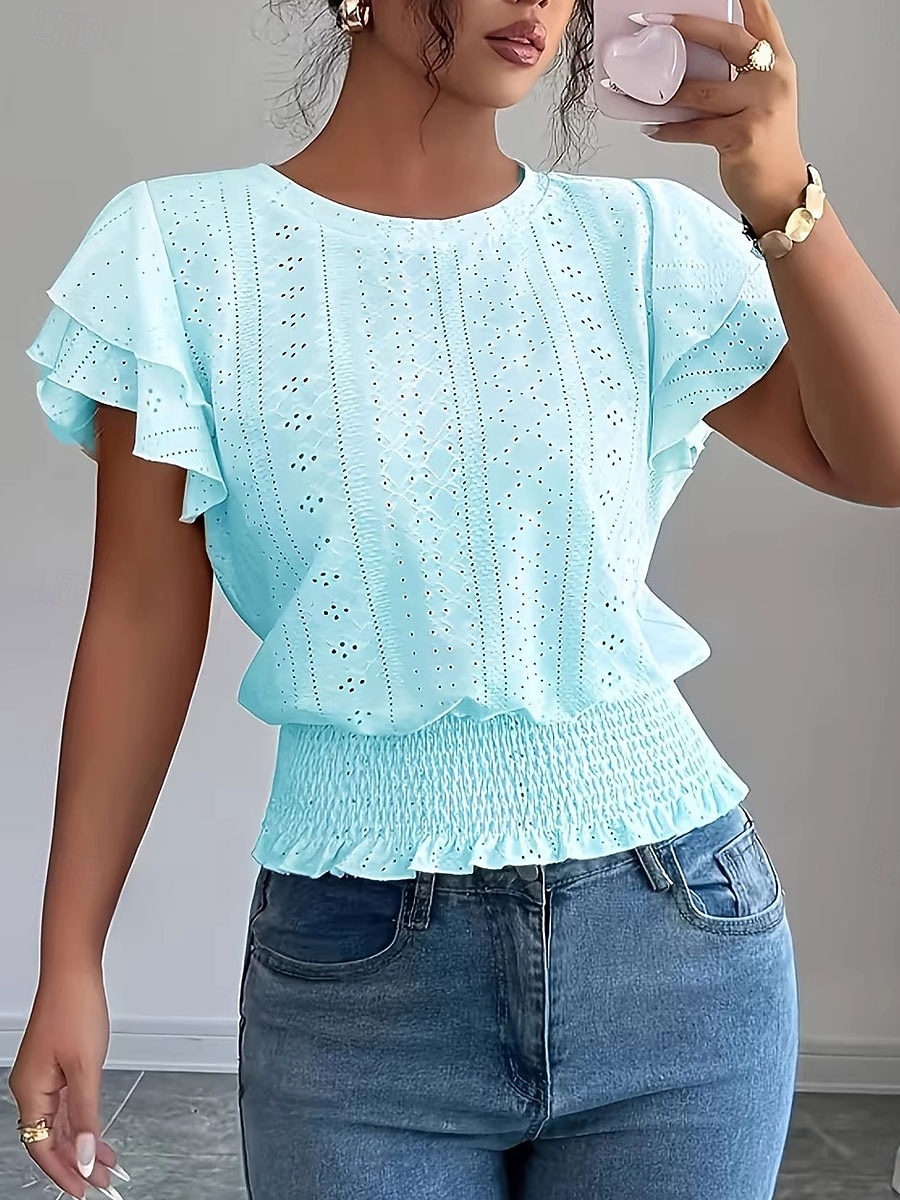 Per donna Camicia traforata Top traforato Camicia con volant Traforato Tinta unica Vintage Elegante Senza Maniche Top Regolari Casuale Bianco Rosa Azzurro Estate Primavera del 2026 a $18.49 –P8