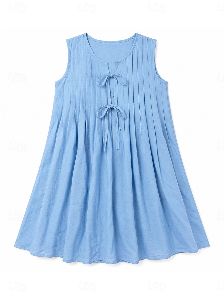 Womens Vintage Vacation Lace Up Plain Pleated Sleeveless Cotton Dress Blue White Yellow Red Summer 2026 - $34.99 –P2