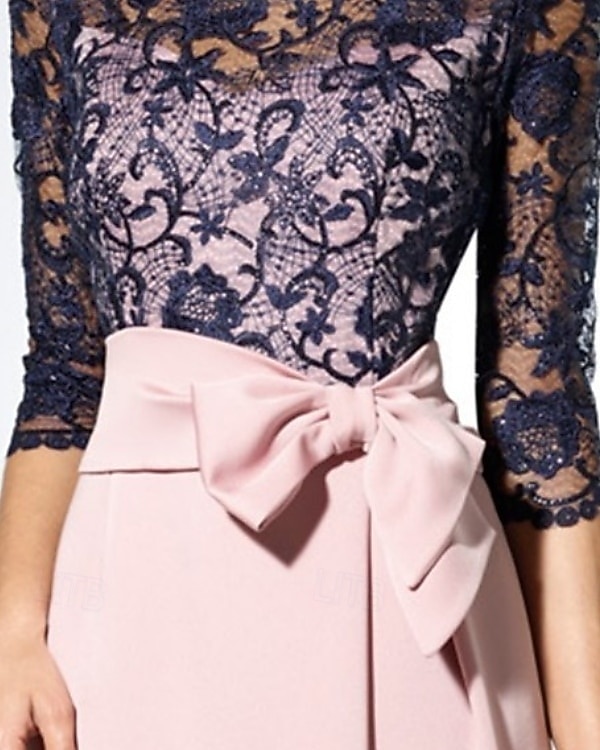 Sheath Column Floor Length Wedding Guest Dress Formal Dresses Evening Gown Mother of the Bride Dress 3/4 Length Sleeve Jewel Neck Elegant Wedding Guest Satin Lace with Bow(s) 2026 - $206.99 –P5