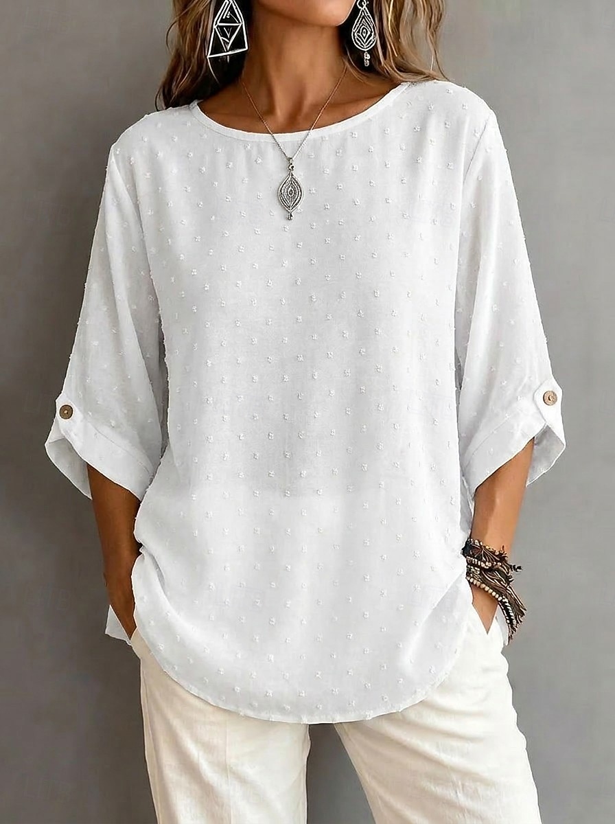 Dame Skjorte Chiffongoverdeler Jacquard Knapper Helfarge Årgang Stilfull 3/4 ermer Crew-hals Vanlige topper Avslappet Ut på byen Kakifarget Svart Hvit Sommer Vår 2026 - $22.99 –P1
