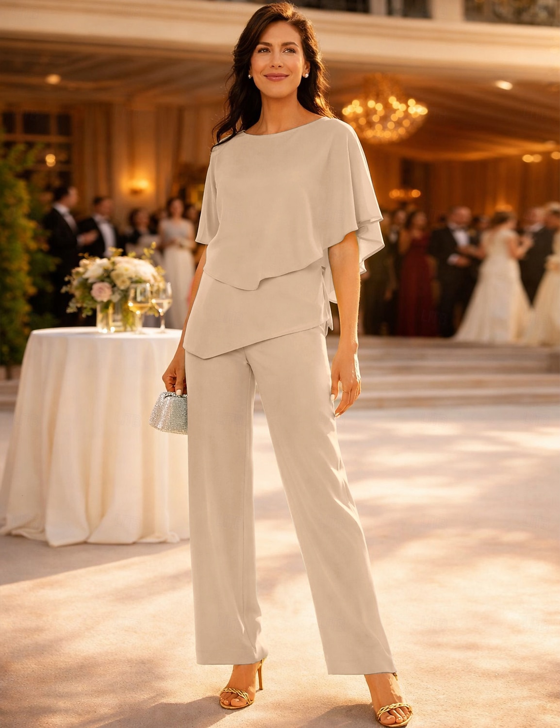 Due Pezzi Lunghezza al pavimento Abito da cerimonia per signora Manica Corta Collo gioiello Elegante Petite Ospite di nozze Chiffon con Arricciato del 2026 a $160.99 –P10