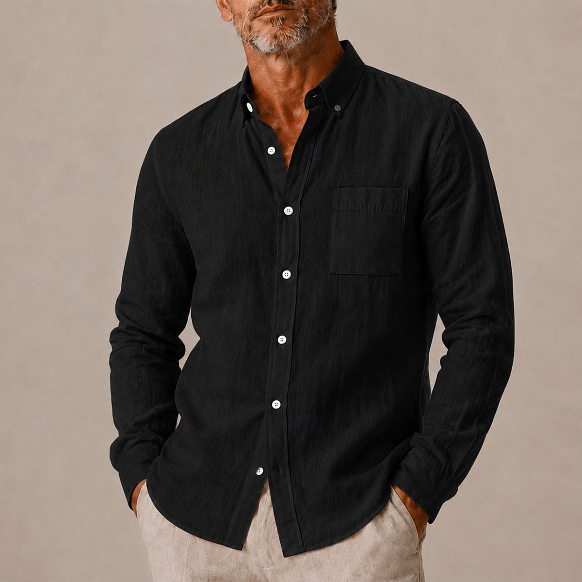 Heren linnen overhemd met knoopsluiting en button-down kraag, casual, geschikt voor dagelijks gebruik en formele gelegenheden, lange mouwen met zak, lente &zomerkleding 2026 - $35.99 –P3