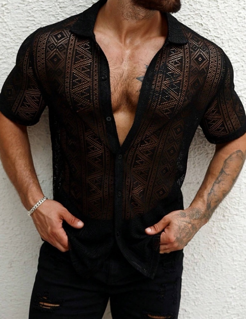 Men's Shirt Casual Shirt Button Up Shirt Jacquard Shirt Black Short Sleeve Plain Shirt Collar Casual Daily Lace Clothing Apparel Elegant Fashion Casual 2026 - $26.99 –P1