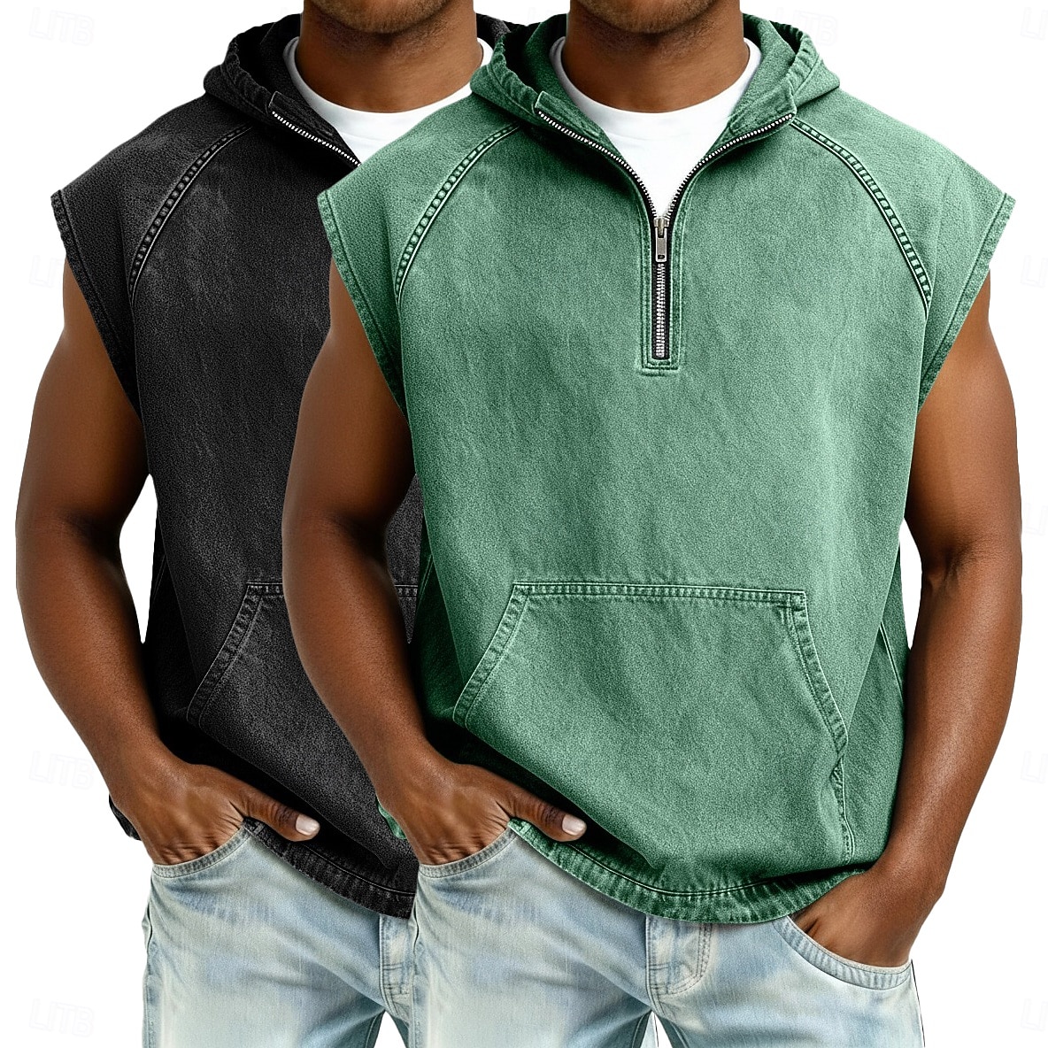 softfade™ canotta da uomo 2 pezzi top gilet top in denim camicia lavaggio acido senza maniche cappuccio zip estate primavera semplice capo basic tinto cappuccio casual vacanza strada nero kaki top del 2026 a $62.99 –P6