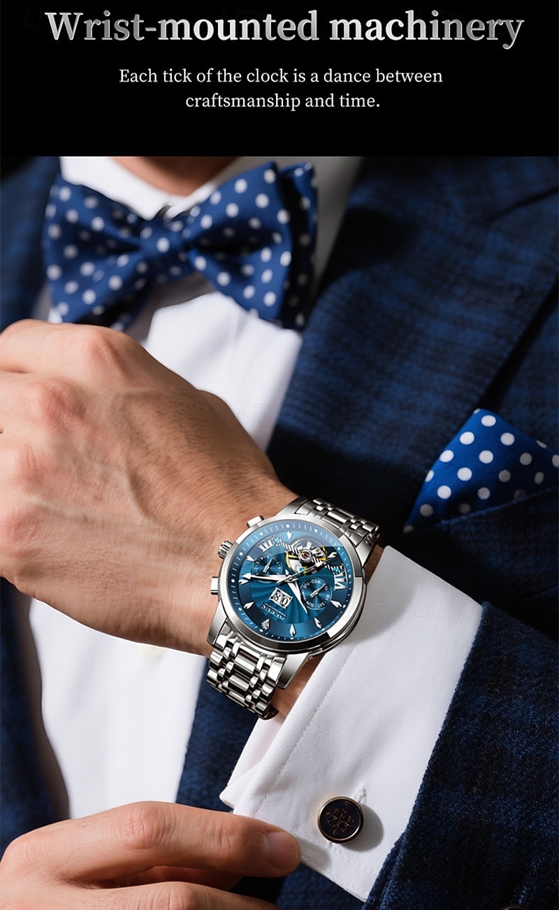 Men's Luxury Automatic Mechanical Watch, Two Tone Stainless Steel, Blue Dial Skeleton Tourbillon Style, Self-Winding Business Wristwatch with Big Date Day 24H Waterproof Luminous Gift for Him 2026 - $96.99 –P16