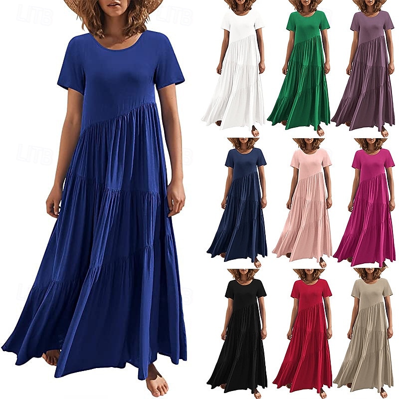 Women's Vintage Crew Neck Ruffle Pleated Asymmetric Maxi Dress Khaki Black White Pink Summer 2026 - $24.99 –P10