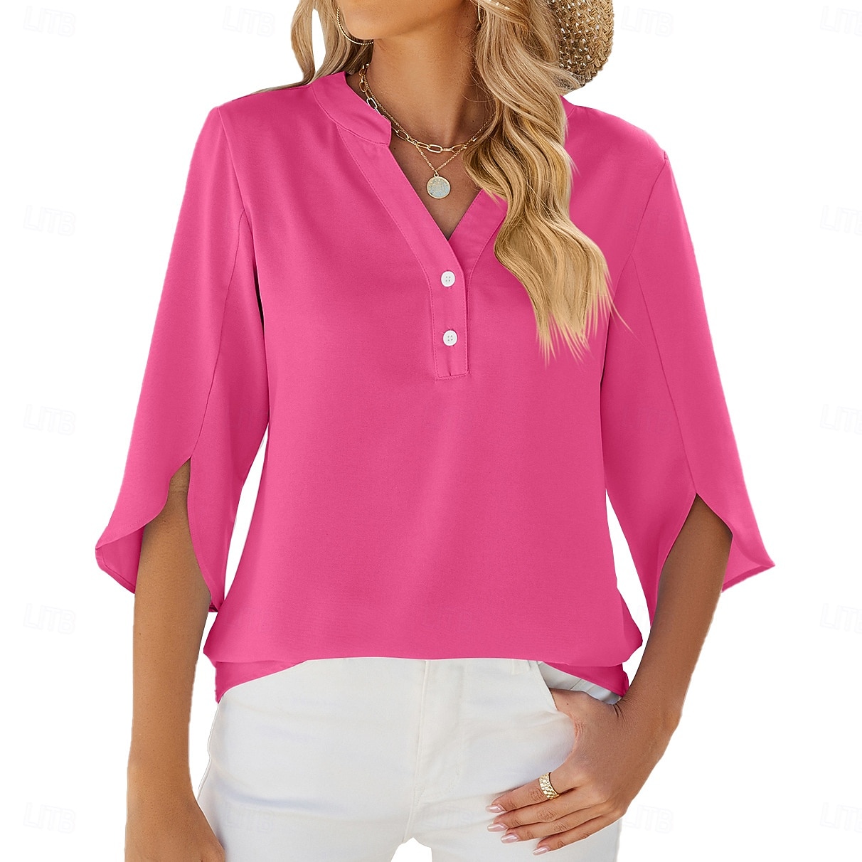 Women's Shirt Blouse Buttons Solid Color Fashion Half Sleeve V Neck Regular Tops Daily Black White Fuchsia Summer Spring 2026 - $25.99 –P3