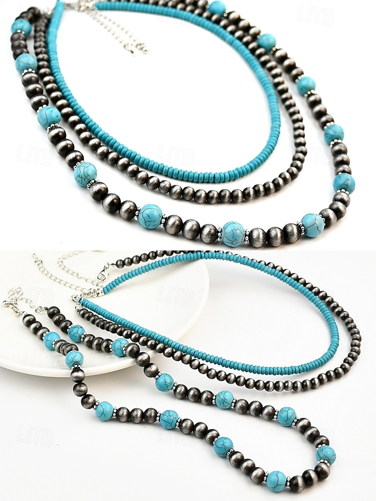 Collar de mujer con cuentas turquesas en capas: joyería de estilo bohemio del suroeste para atuendos informales, fiestas en la playa y festivales de verano. 2026 - $14.99 –P6