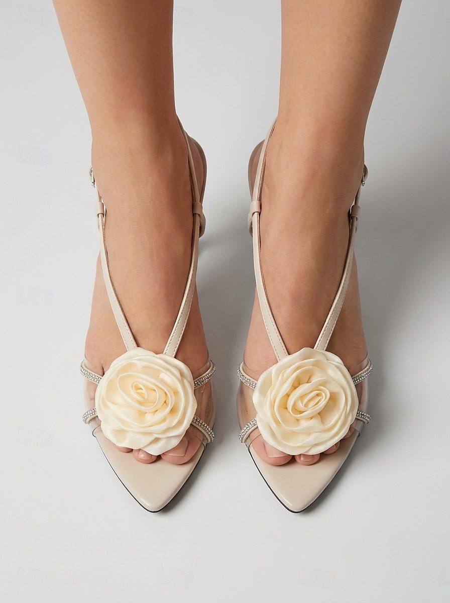 Women's Apricot Satin Block Heel Sandals with Floral Rhinestone Straps for Garden Wedding Guest 2026 - $34.99 –P3