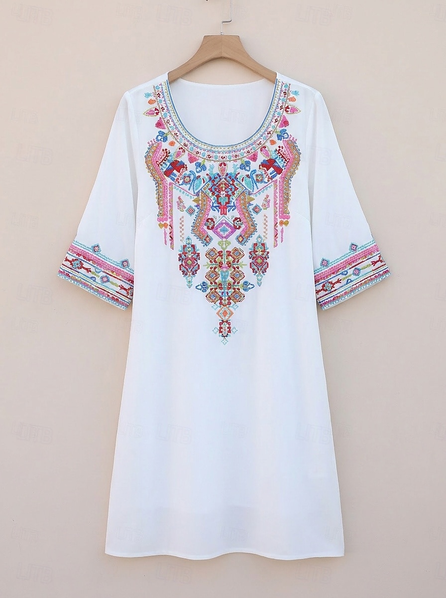 San Valentino Per donna Abito Midi Abito Boho Abito in cotone Classico Quotidiano Vacanza Vestibilità comoda Floreale Mezza Manica Girocollo Bianco Estate del 2026 a $39.99 –P2