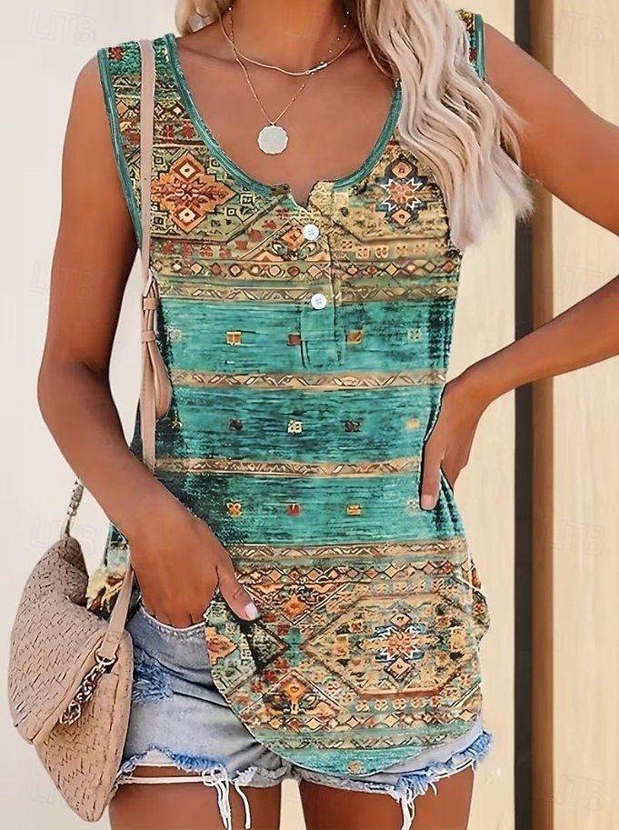 Damen Hemd Bluse Knöpfe Druck Grafik Geometrisch Bohemien Vintage Ethnisch Ärmellos U-Ausschnitt Lange Oberteile Lässig Täglich Grün Sommer Frühling 2026 - $21.99 –P1