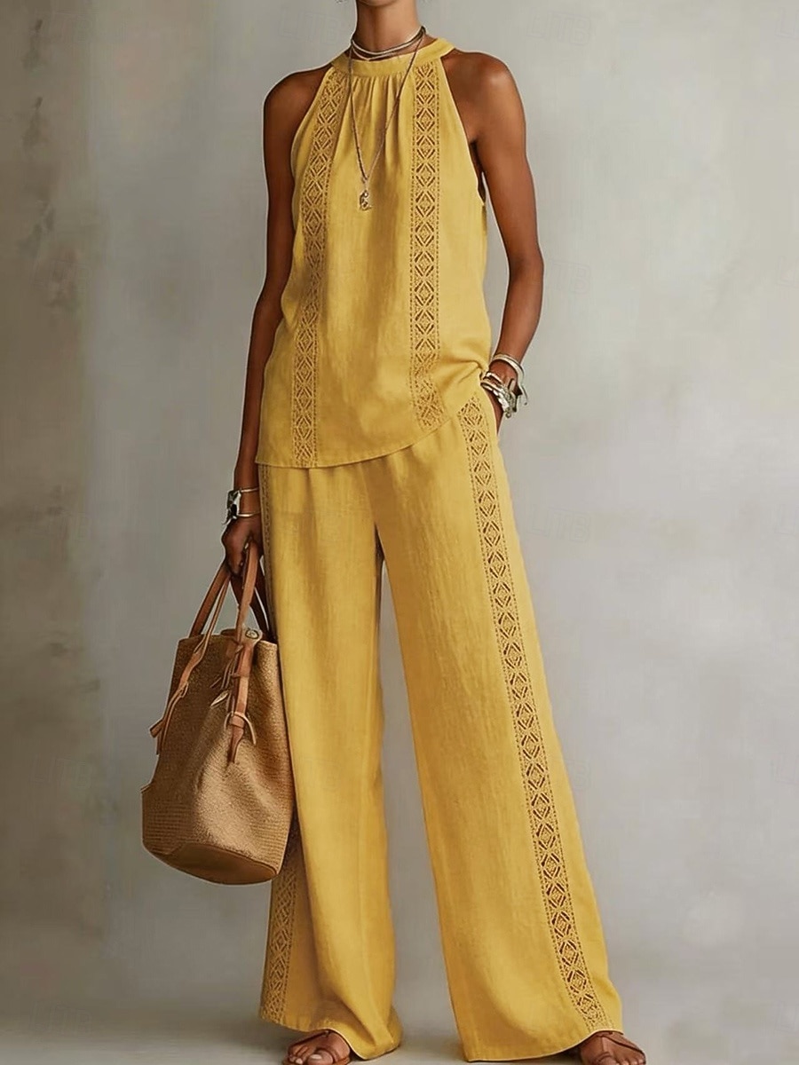 Women's Two Piece Sets T Shirt Pants Sets Sleeveless Halter Neck Plain Basic Casual Daily Vacation White Yellow Pink Summer Loose Fit 2026 - $37.99 –P6