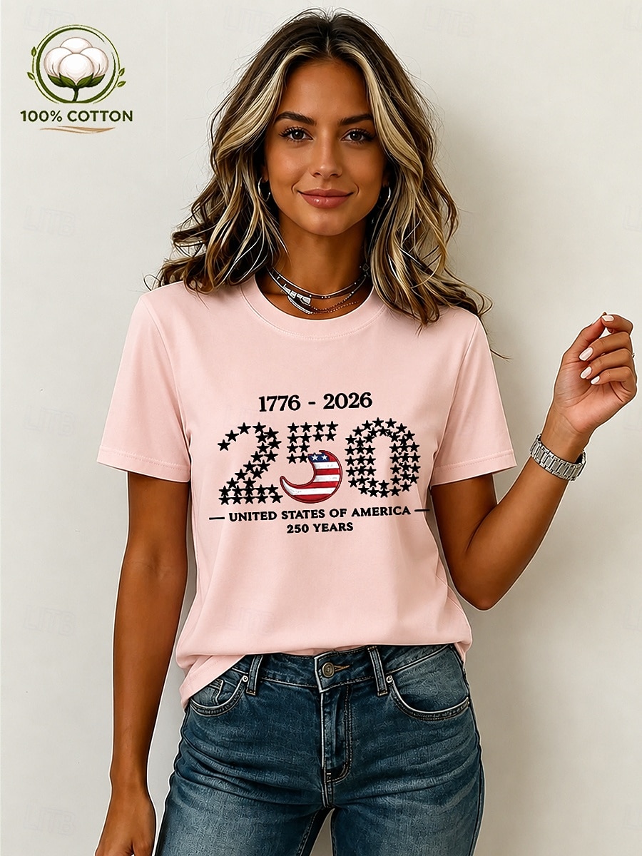 American Independence Day Women's 100% Cotton T Shirt Print Graphic American Flag Vintage Stylish Casual Short Sleeve Crew Neck Regular Tops Casual Daily Weekend Blue Black White Pink Apricot Summer 2026 - $24.99 –P3
