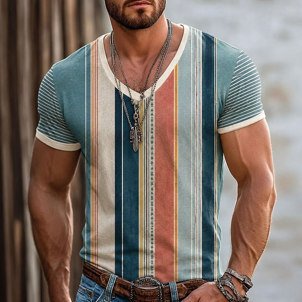 Men's Color Block Stripes T Shirt Short Sleeve T shirt 3D Print V Neck Shirt Vacation Casual Daily Holiday Red Orange Brown Spring & Summer Clothing Apparel S M L XL XXL XXXL 2026 - $18.99 –P3