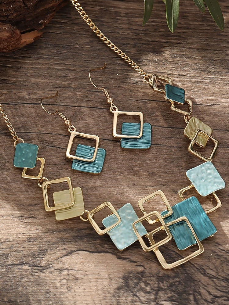 Women's Bohemian Geometric Square Jewelry Set, Gold Alloy Enamel Necklace & Drop Earrings, Colorful Modern Statement Accessories for Vacation, Travel and Daily Casual Wear 2026 - $14.99 –P6