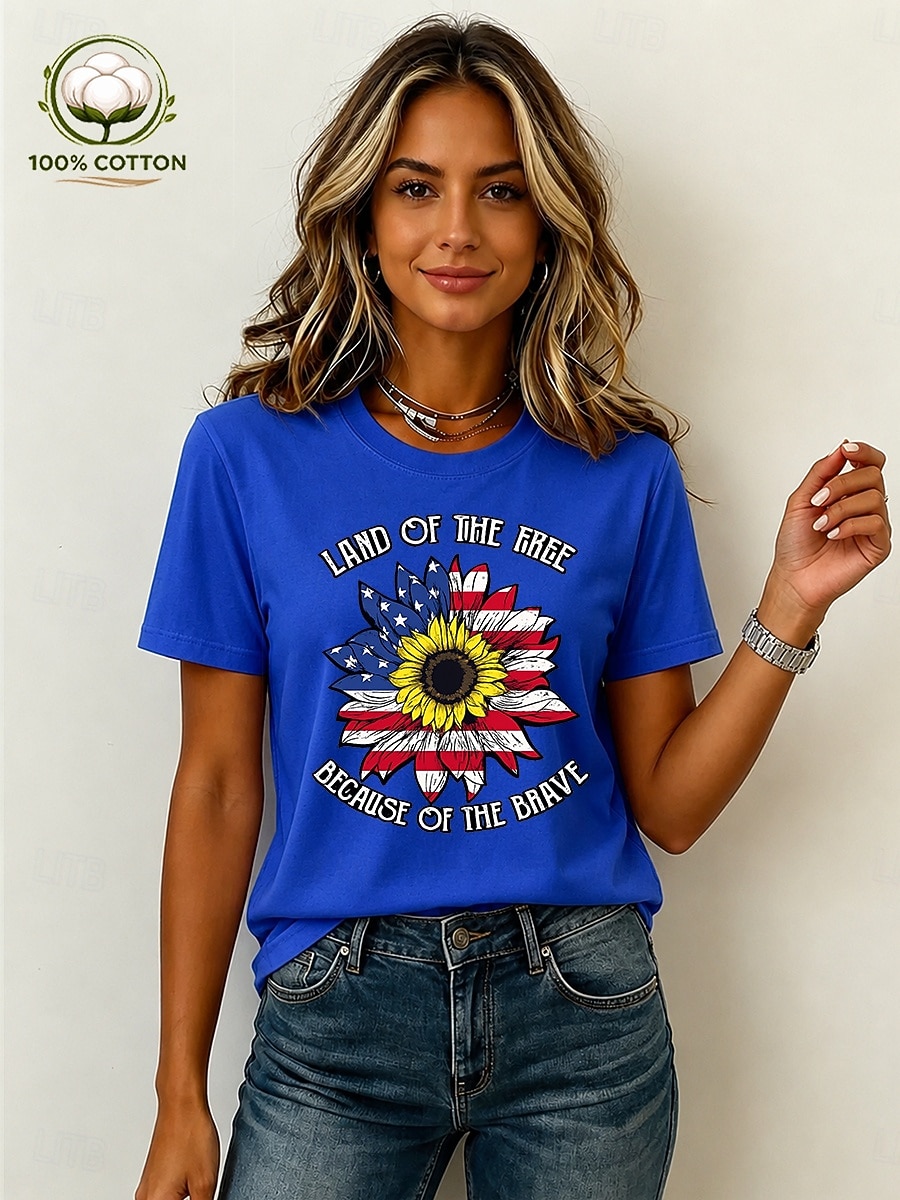 Dia da Independência Americana Mulheres 100% Algodão Camiseta Imprimir Gráfico Bandeira americana Vintage à moda Casual Manga Curta Gola Redonda Tops regulares Casual Diário Final de semana Azul de 2026 por $21.99 –P4