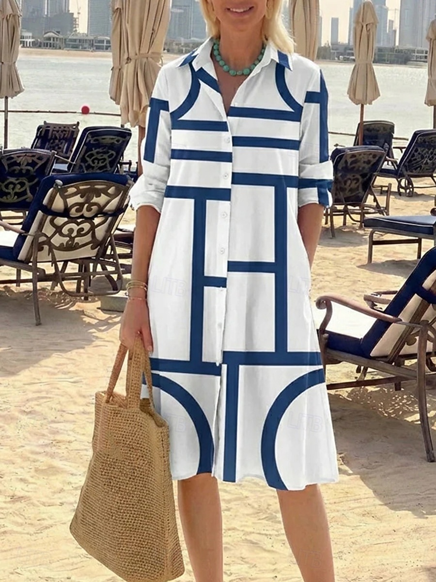 Damen Midikleid A Linie Kleid Figurbetontes Kleid Urlaub Geburtstag Lässig Strand Ausgehen Normale Passform Grafik Geometrisch Langarm Revers Blau Schwarz Rote Sommer Frühling 2026 - $48.99 –P3