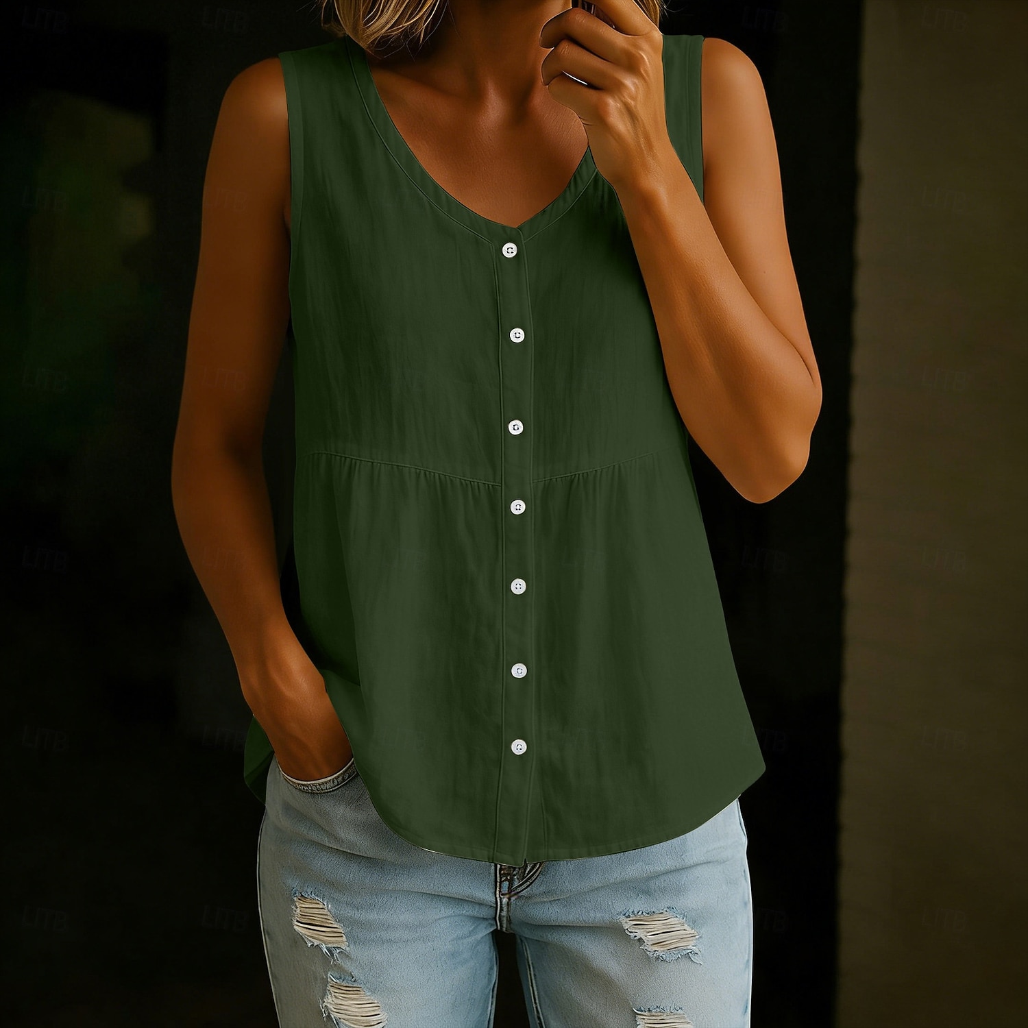 Femmes Débardeur Couleur Unie ancien Élégant Occasionnel Sans manches Col en V Hauts Réguliers Occasionnel Quotidien Bleu Noir Blanche Jaune Rouge Été Printemps de 2026 ? $25.99 –P4