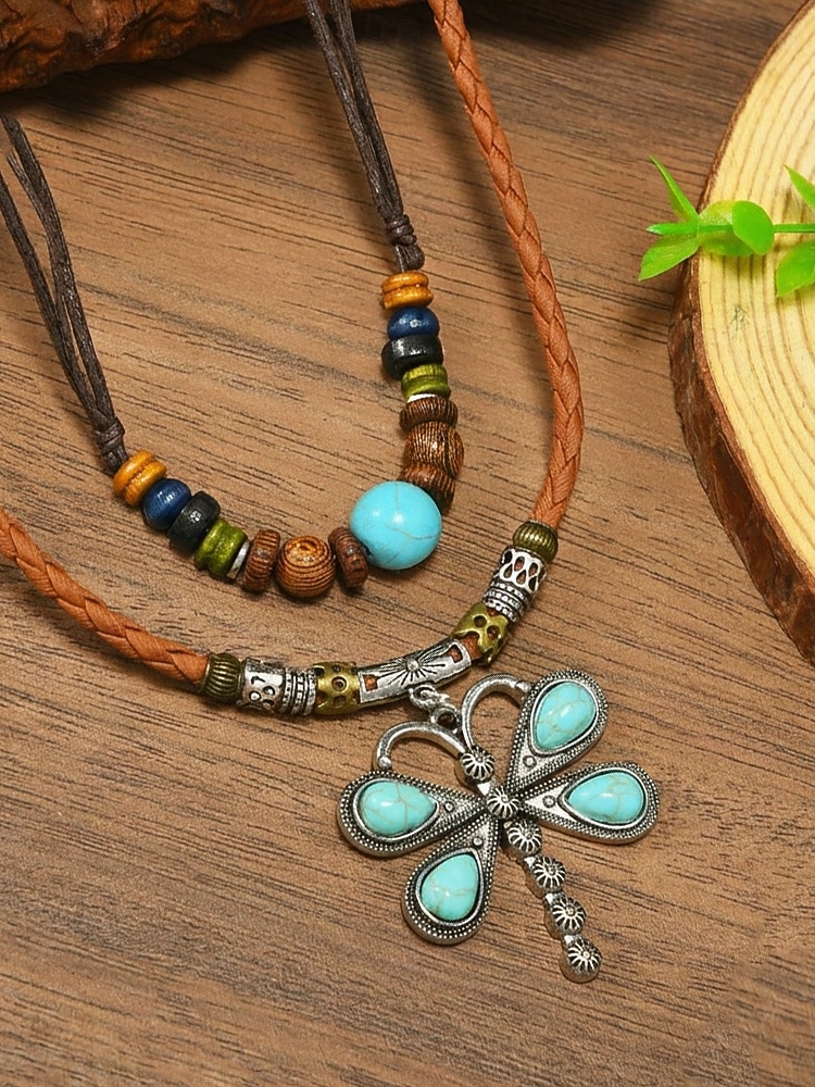 Damski naszyjnik w stylu boho z wisiorkiem w kształcie ważki, dwuwarstwowy choker ze skóry ze stopu metali, z turkusowymi koralikami, idealny na wakacje na plaży, letnie podróże i codzienne, codzienne 2026 - $11.99 –P7