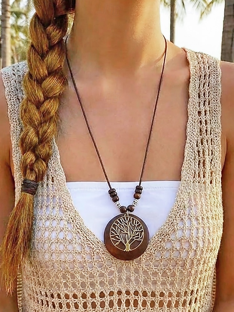 Dames boho lange hangerketting - vintage hout &Truienketting van legeringskralen met bladmotief &Levensboom bedeltjes voor een zomervakantie aan het strand, of als casual kleding voor elke dag. 2026 - $7.99 –P3