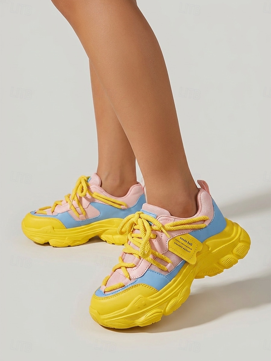 Tênis chunky feminino - tênis plataforma modernos em blocos de cores rosa, amarelo e azul para streetwear e festas casuais. &roupas de clube hip hop de 2026 por $42.99 –P2