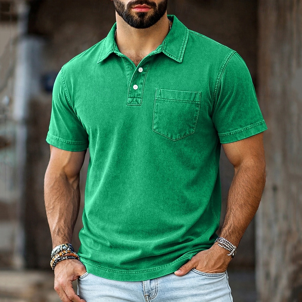 SoftFade™ Men's Polo Shirts 100% Cotton Acid Wash Shirt Casual Holiday Lapel Short Sleeve Fashion Basic Plain Vintage Plain Summer Spring Regular Fit Dark Brown Black Light Green Pink Navy Blue 2026 - $35.99 –P2