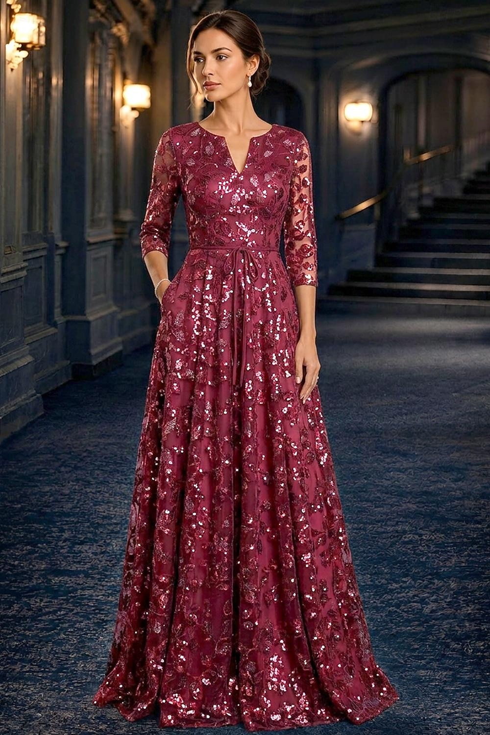 A-Linie Kleid Bodenlang Partykleid Cocktailkleid Brautmutterkleid Langarm V Ausschnitt Elegant Vintage luxuriös Formell Hochzeitsgast Kentucky Derby Chiffon Tüll mit Paillette Stickerei Blume 2026 - $182.99 –P1