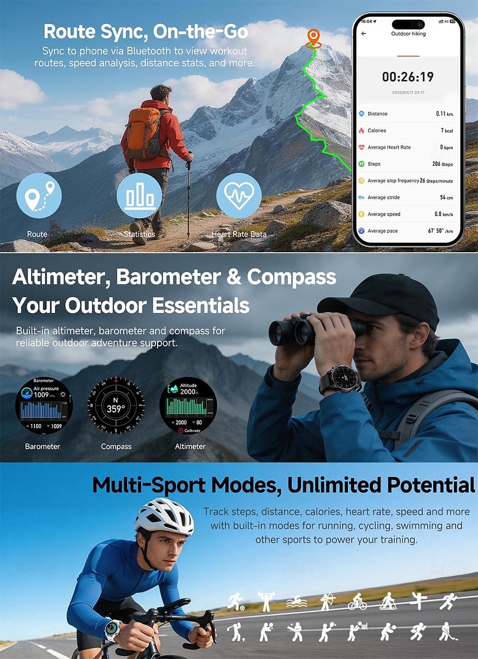 Мужские умные GPS-часы с Bluetooth-звонками, прочные часы для активного отдыха в военном стиле с компасом, барометром и альтиметром, водонепроницаемость 3 атм, более 100 спортивных режимов, точное 2026 - $76.99 –P3
