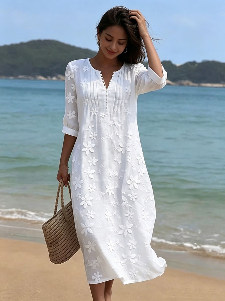 Damen Midikleid Spitzenkleid Freizeitkleid Lässig Strand Lässiger Schnitt Einfarbig Halbarm V Ausschnitt Weiß Sommer Frühling 2026 - $37.99 –P1