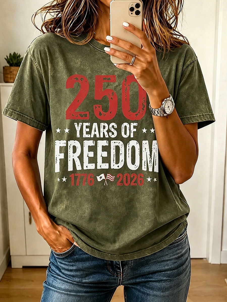 American Independence Day Women's T Shirt Print Graphic Letter Vintage Fashion Stylish Short Sleeve Crew Neck Regular Tops Casual Daily Blue Khaki Green Gray Summer Spring 2026 - $33.99 –P3
