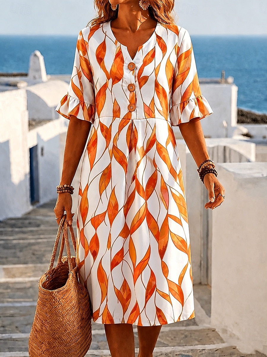 Per donna Abito Midi Vestito Estivo Abito a trapezio Abito Estivo Vacanza Casual Quotidiano Spiaggia Ferie Vestibilità regolare Floreale Grafico Foglia Mezza Manica Scollo a V Blu Arancione Verde del 2026 a $45.99 –P3