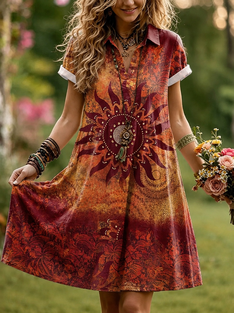 Per donna Abito al ginocchio Abito a trapezio Vacanza Casual Boho Spiaggia Vestibilità regolare Grafico Geometrico Manica Corta Bavero Viola Marrone Estate Primavera del 2026 a $29.99 –P1