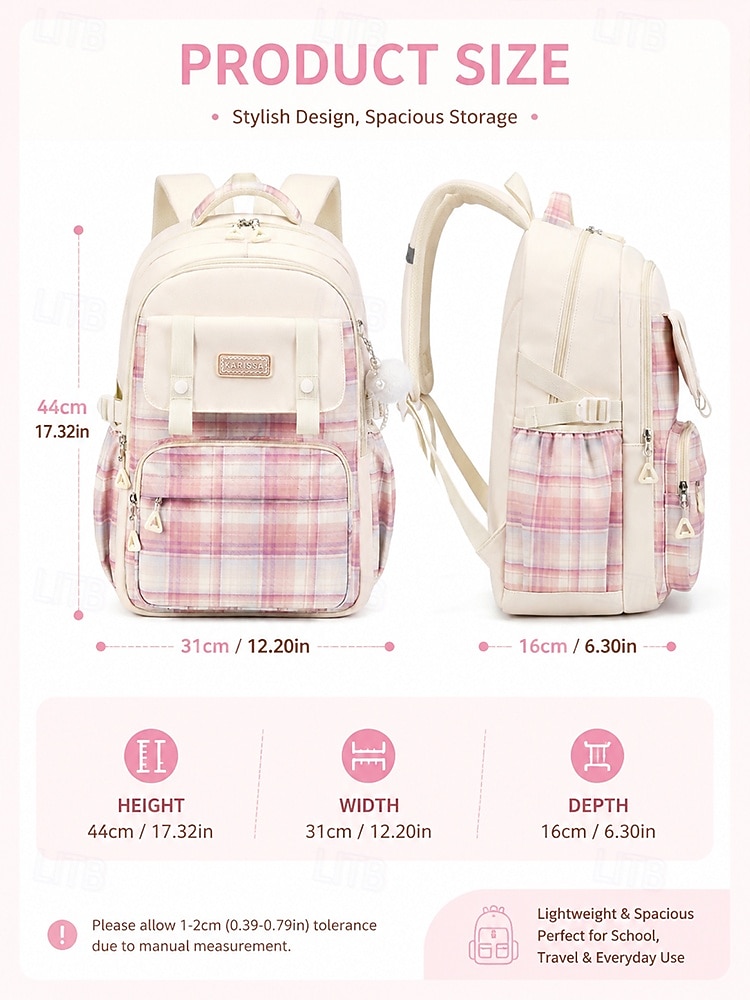 Girls Plaid Backpack for School, Large Capacity Multi Pocket Polyester Bookbag, Cute Pink Travel School Backpack with Laptop Compartment, Water Resistant for Elementary & Middle School 2026 - €36.99 –P12