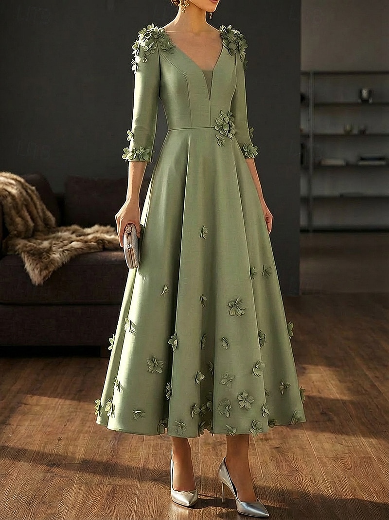 Linea ad A Lunghezza alla caviglia Lunghezza Tè Abito Formale Abiti da Cocktail Elegante Manica 3/4 Scollo a V Matrimonio Formale Raso con Fiori 3D del 2026 a $182.99 –P5