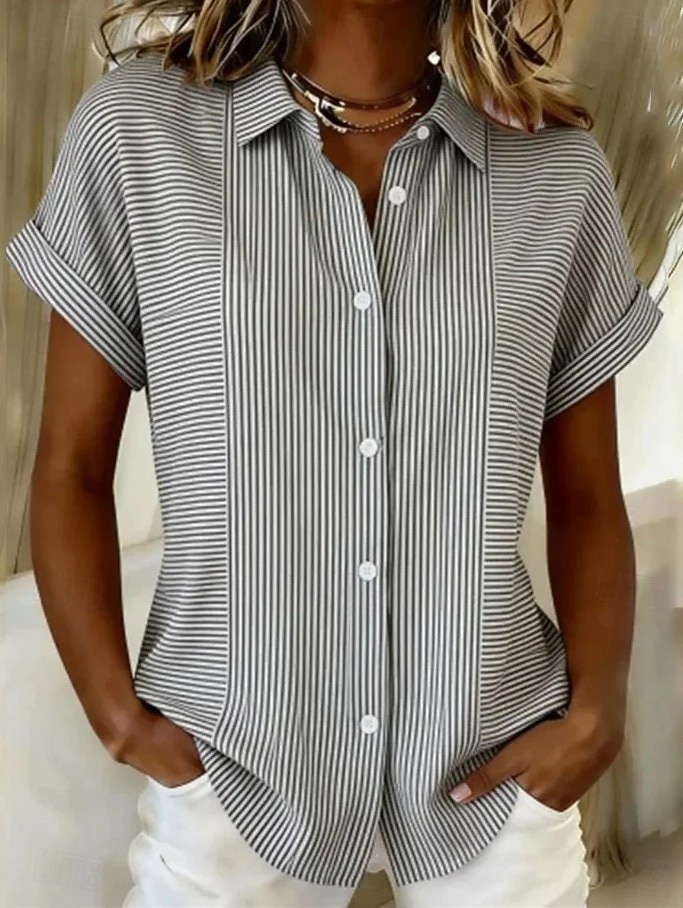 Women's Shirt Buttons Print Graphic Striped Vintage Daily Stylish Short Sleeve Shirt Collar Long Tops Casual Daily Blue Pink Grey Summer Spring 2026 - $28.99 –P2