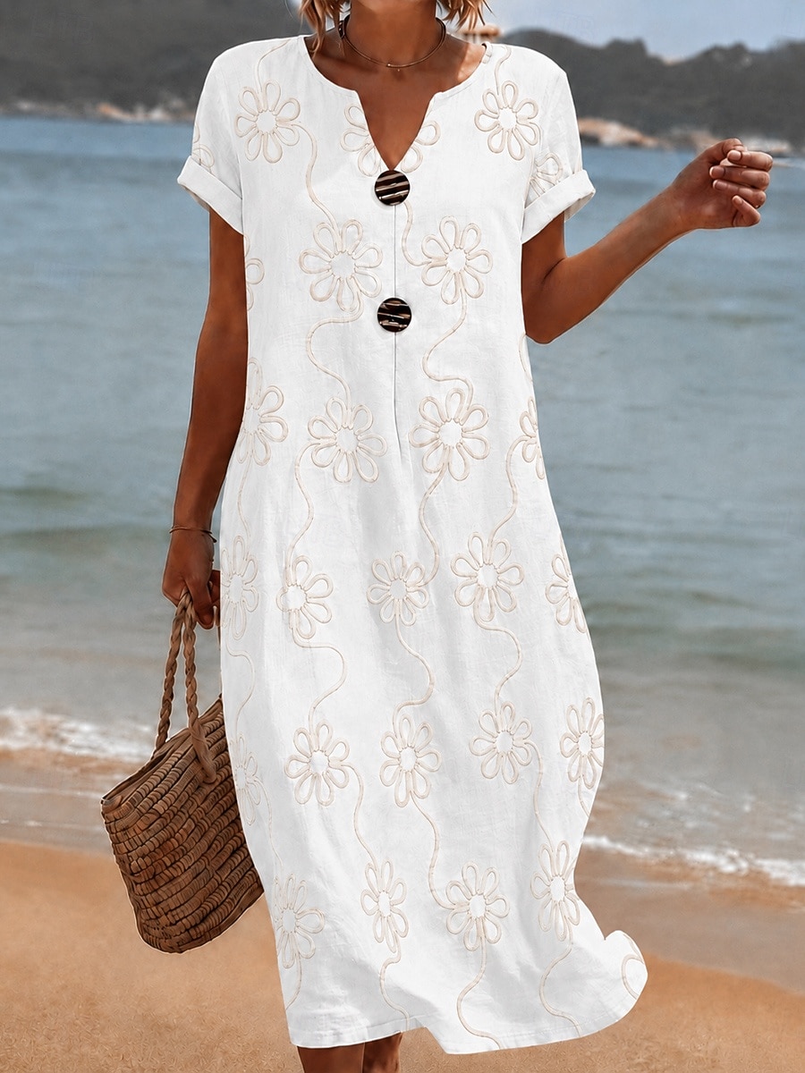 damer broderad klänning midiklänning blommig klänning sommarklänning grundläggande klassisk daglig semester normal passform blommig kortärmad v-ringning blå vit sommar vår 2026 - $14.49 –P5