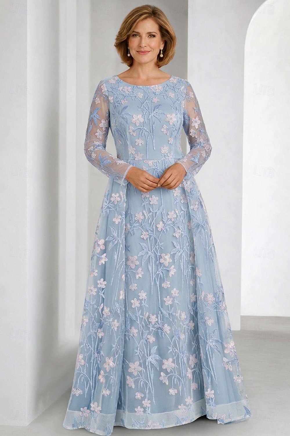 Dos Piezas Corte A Hasta el Suelo Vestido de Madrina Manga Larga Camiseta con cuello redondo Elegante Vintage Embellecido Formal Invitado a la boda Fiesta de Boda Encaje con Bordados Apliques 2026 - $194.99 –P5