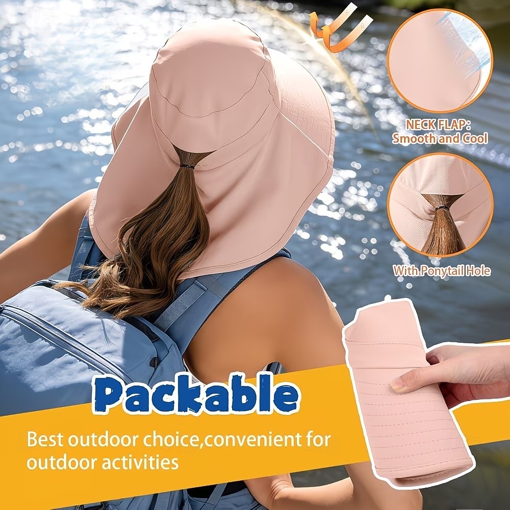 Sombrero de sol para mujer, plegable, de ala ancha, con solapa para cubrir el cuello y abertura para coleta. Permite llevar coleta sin oprimir la cabeza. Transpirable y fresco, ideal para vacaciones 2026 - $9.99 –P7