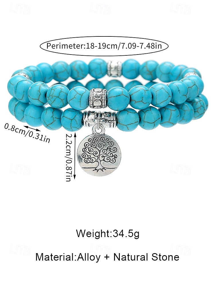 Men's Boho Turquoise Bracelet Set - 2-Piece Tree of Life Charm Beaded Wristbands, Ethnic Alloy & Natural Stone Stackable Jewelry for Travel Vacation & Daily Casual Wear 2026 - $7.99 –P8