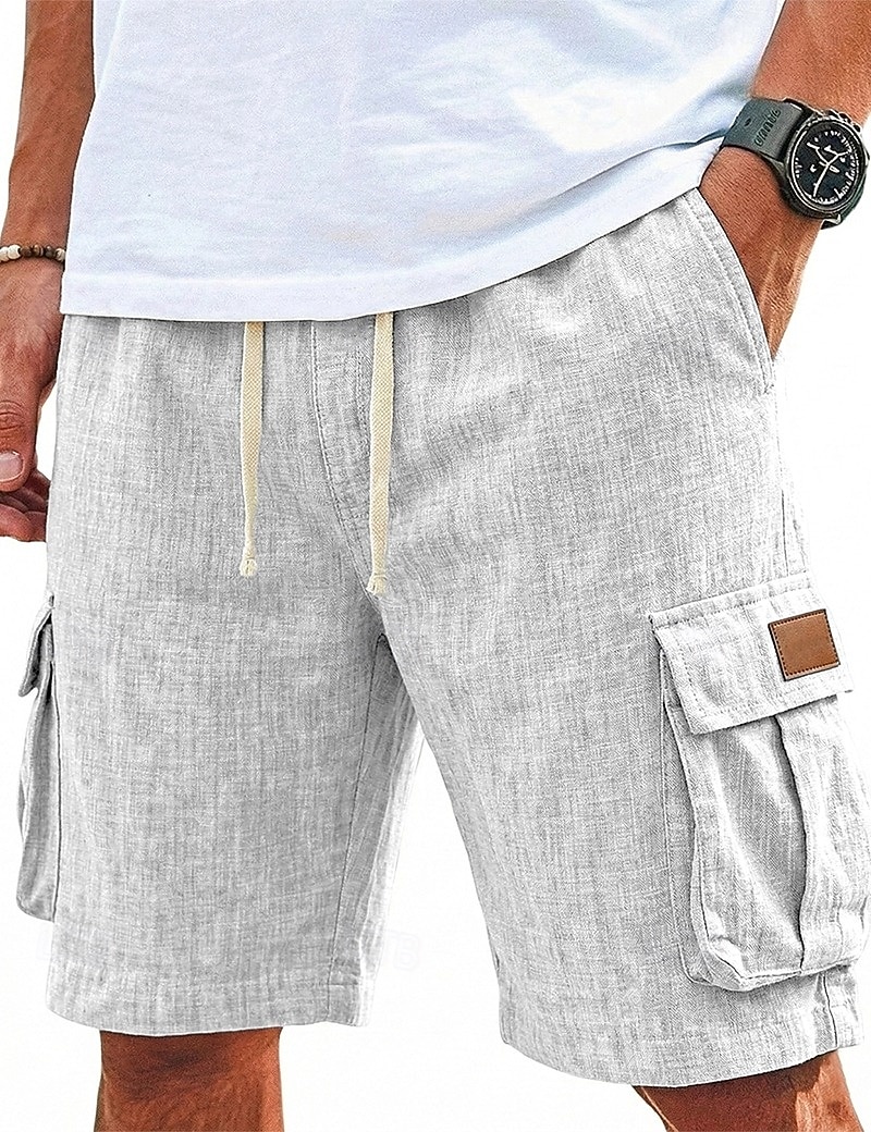Men's Shorts Linen Shorts Summer Shorts Beach Shorts Drawstring Elastic Waist Multi Pocket Plain Comfort Breathable Knee Length Casual Daily Outdoor Vacation Fashion Blue Khaki Inelastic 2026 - $24.99 –P3