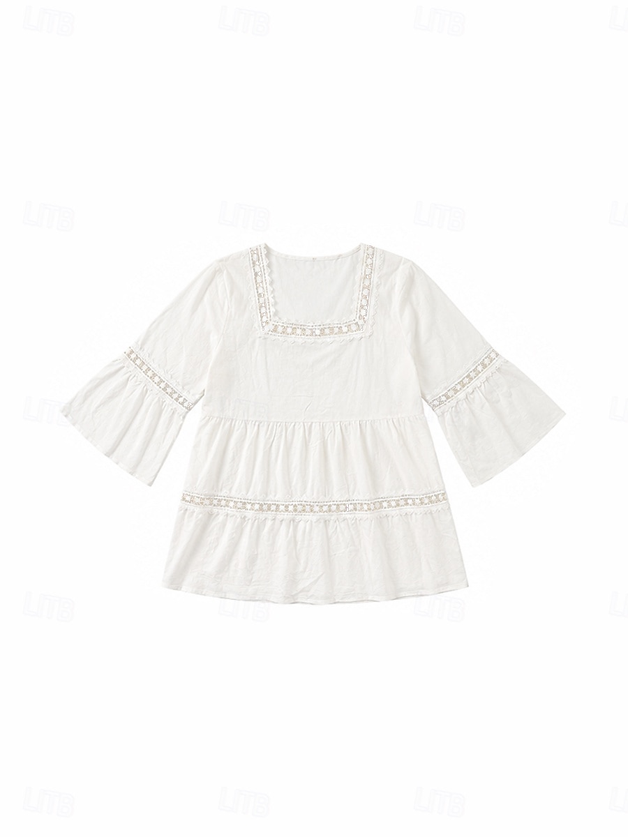 Haut classique en coton et lin pour femme, élégant, à empiècements de dentelle et volants superposés, manches 3/4, col carré, coupe droite, idéal pour un look décontracté au quotidien. Disponible en de 2026 ? $13.99 –P11