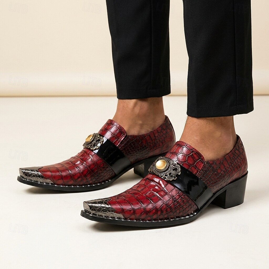 Men's Red Croc-Embossed Strap Dress Shoes Pointed-Toe Statement Formal Footwear for Stylish Men, Weddings, Banquets, Parties and Stage Events 2026 - $109.99 –P2